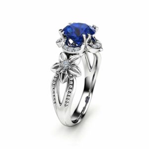 14K White Gold Sapphire Engagement Ring  Royal Blue Sapphire Ring Unique Art Deco Engagement Ring