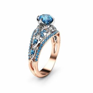 Blue Diamond Engagement Ring Unique Vintage Diamonds Ring 14K 2 Tone Gold Ring