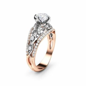 Diamond Engagement Ring 14K 2 Tone Gold Ring Unique Art Deco Engagement Ring