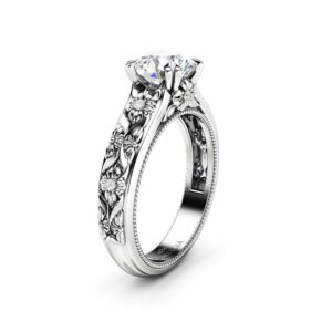 Filigree Flowers Moissanite Engagement Ring 14K White Gold Ring Unique Floral Ring Anniversary Gift