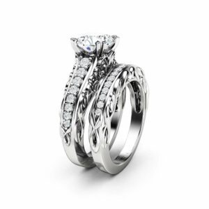 Engagement Ring Set Moissanite 14K White Gold 2 Carat Moissanite Engagement Ring with Matching Band