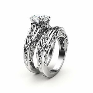 Vintage 2 Carat Moissanite Forever One Engagement Ring Set Art Deco Ring Bridal Rings