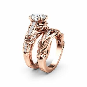 1.55 Carat Moissanite Engagement Ring Set Forever One Moissanite Bridal Set Unique 14K Rose Gold Engagement Rings