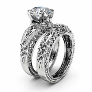 Unique Moissanite Engagement Rings 14K White Gold Ring Set 2Ct. Forever One Moissanite Rings Unique Art Deco Bridal Ring Set