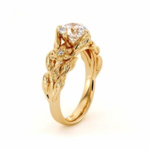Unique Engagement Ring Moissanite Ring 14K Gold Ring Moissanite Engagement Ring Flower Leaves Engagement Ring