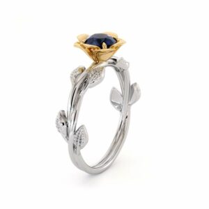 Golden Rose Sapphire Engagement Ring Unique Flower Ring Nature Inspired Sapphire Ring