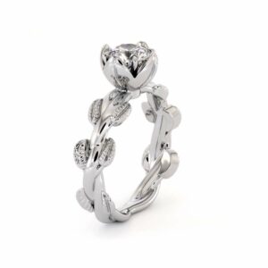 Moissanite Engagement Ring Laboratory Diamond Engagement Ring Unique White Gold Leaves Ring