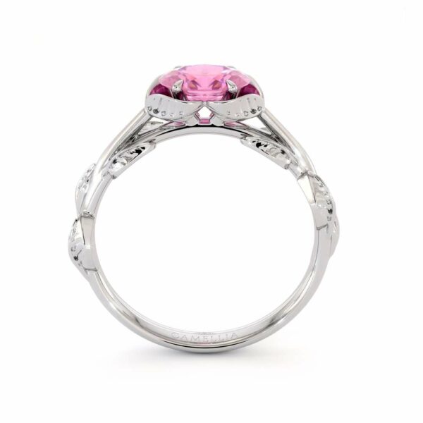 Oval Sapphire Engagement Ring Oval Cut Pink Sapphire East To West Engagement Ring White Gold Leaves Ring