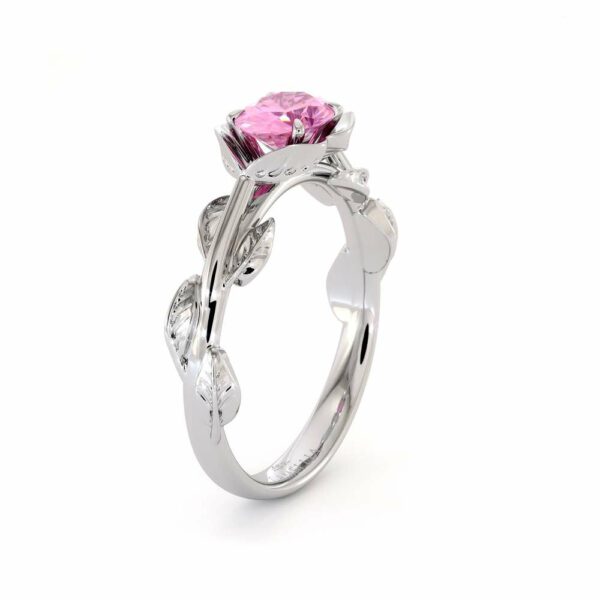 Oval Sapphire Engagement Ring Oval Cut Pink Sapphire East To West Engagement Ring White Gold Leaves Ring