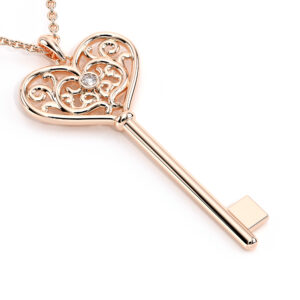 Heart Key Chain Womens Gift Solid Rose Gold Diamond Pendant Necklace Love Pendant