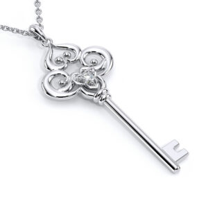 14K White Gold Pendant Diamond Key Pendant Clover Key Pendant Necklace Unique Gift For Women
