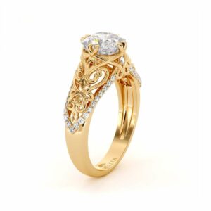 Unique Filigree Engagement Ring 14K Yellow Gold Filigree Ring Charles Colvard Moissanite Engagement Ring