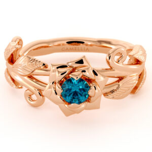 Camellia Flower Engagement Ring Blue Diamond Ring 14K Rose Gold Ring Flower Leaves Engagement Ring