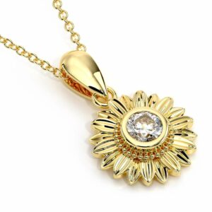 14K Solid Gold Forever One Moissanite Sunflower Pendant Necklace Mesmerizing Gift For Her