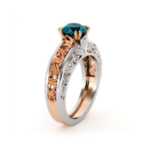 Majestic Round Blue Diamond 2 Tone Gold Handmade Ring