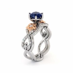 Blue Sapphire Engagement Ring Set 14K White & Rose Gold Ring Flower Engagement Ring