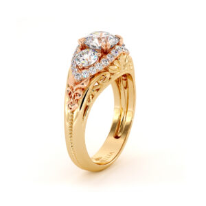 3 Stone Moissanite Diamonds 2 Tone Gold Regal Luxury Engagement Ring