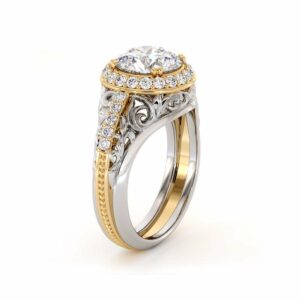 Regal Halo Engagement Ring Unique Two Tone Engagement Ring Fancy Wedding Ring