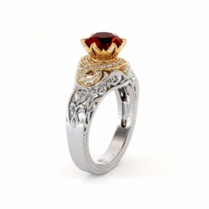 Halo Glory Ruby Engagement Ring 14K White & Yellow Gold Ring Regal Filigree Gold Ring