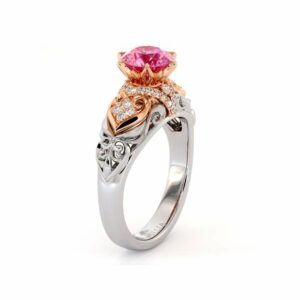 Mesmerizing Pink Sapphire Engagement Ring Foliage Filigree Bridal Ring Two Toned Gold Engagement Ring