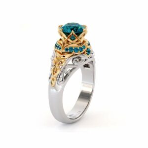 Blue Diamonds Halo Engagement Ring Art Nouveau Styled Crown Ring Royal Blue Diamond Ring 14K Gold Engagement Ring
