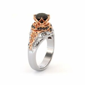 Black Diamonds Halo Engagement Ring Vintage Inspired Crown Ring Royal Black Diamond Ring 2 Tone Gold Engagement Ring