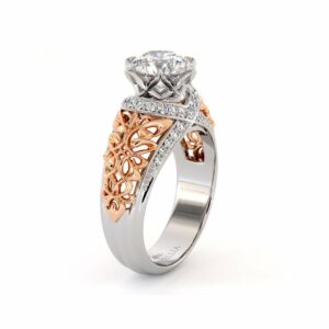 Handmade Gold Engagement Ring Royal Diamonds Ring Round 1.55 Ct. Moissanite Engagement Ring Two Toned Gold Grid Filigree Ring