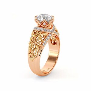 2 Toned Gold Engagement Ring Round 1.55 Ct. Moissanite Engagement Ring Unique Royal Filigree Reddish Gold Ring