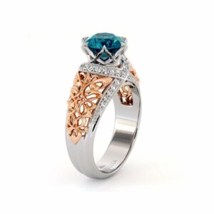Fancy Blue Diamond Engagement Ring Unique Royal Filigree 2 Toned Gold Ring Round 2.0 Ct. Diamond Engagement Ring