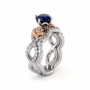 Blue Sapphire Engagement Ring Set 14K White & Rose Gold Ring Unique Flower Bridal Set