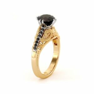 Victorian Style Black Diamond Engagement Ring 2 Tone Gold Superior Vintage Ring Natural Diamonds Engagement Ring