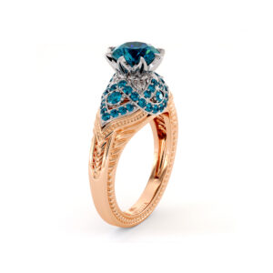 Kingly Blue Diamonds Engagement Ring 2.0 Ct. Round Blue Diamond Ring 2 Toned Gold Engagement Ring Unique Milgrain Ring