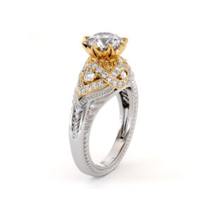 Round Moissanite Engagement Ring Kingly Milgrain Diamonds Ring 2 Toned Gold Engagement Ring Diamonds V Ring
