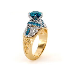 2 Carat Round Blue Diamond Engagement Ring Exalted Grand Vizier Ring Diamonds Halo Ring Handmade 2 Tone Gold Ring Diamond V Ring