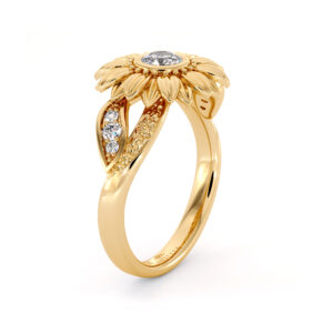 Unique Engagement Ring Natural Diamond Ring 14K Solid Gold Ring Sunflower Engagement Ring Camellia Jewelry