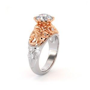 Art Nouveau Filigree Engagement Ring Royal Ring 1.55 Ct. Round Moissanite Ring Regal 2 Tone Gold Engagement Ring