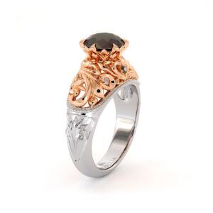 Black Diamond Royal Engagement Ring Heart Shape Filigree Engagement Ring 2 Toned Gold Ring Black Diamonds Ring