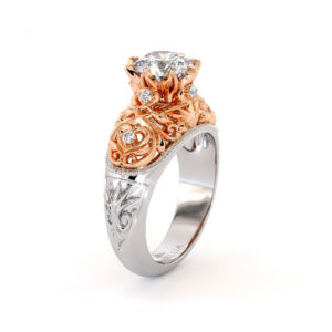 Majestic Leaves Engagement Ring Exalted Round Moissanite Ring Diamonds Ring Handmade Filigree Gold Engagement Ring