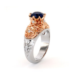 Handmade Majestic Leaves Engagement Ring Exalted Blue Sapphire Ring Diamonds Ring Filigree Gold Engagement Ring