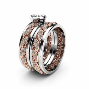 Vintage Bridal Sets Rings 14K Rose Gold Diamond Ring Unique Filigree Engagement Rings