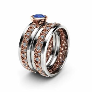 Natural Blue Sapphire Ring Two Tone Wedding Ring Set 14K White and Rose Gold Bridal Set