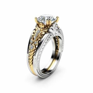 Unique Moissanite Engagement Ring 2 Carat Moissanite Ring 14K Two Tone Engagement Ring Art Deco Ring