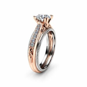 Unique Art Deco Engagement Ring 14K Two Tone Gold 1 Carat Moissanite Ring Vintage Moissanite Engagement Ring