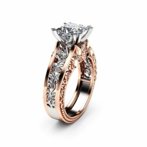 Art Deco Moissanite Engagement Ring Vintage 14K Two Tone Gold Ring Unique Princess Cut Engagement Ring