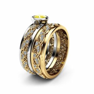 Yellow Diamond Engagement Ring Unique 14K Yellow Gold Bridal Set Rings 1/2 Carat Bezel Set Yellow Diamond Filigree Ring