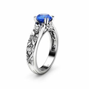 Filigree Flowers Sapphire Engagement Ring 14K White Gold Ring Unique Floral Ring Anniversary Gift