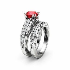 Natural Ruby Engagement Ring and Wedding Band 14K White Gold. Unique Natural Ruby Engagement Ring with Natural Diamonds