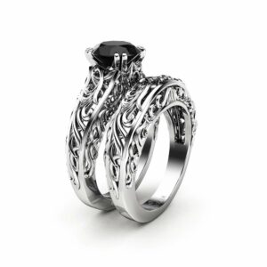 Vintage Black Diamond Engagement Ring Set 2 CT Black Diamond Art Deco Ring Bridal Rings