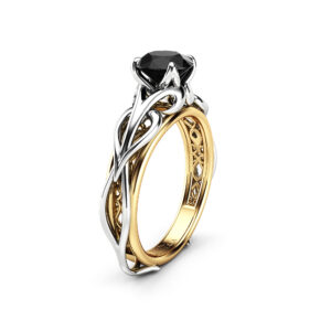 Unique Solitaire Black Diamond Engagement Ring 14K Two Tone Gold Diamond Ring Swirl Design Engagement Ring