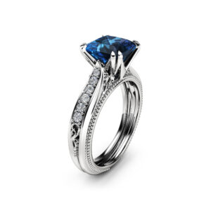 Victorian Topaz Engagement Ring 14K White Gold Engagement Ring Princess London Blue Topaz Ring